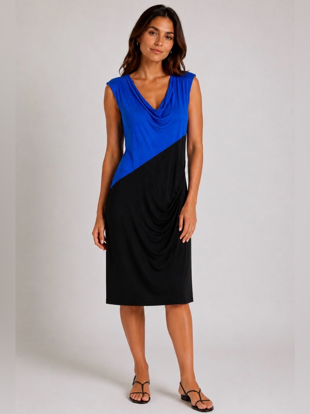 Halo Color Block Dress Black Blue Cap Sleeves Ruched Side Cowl Draped Neck Small
